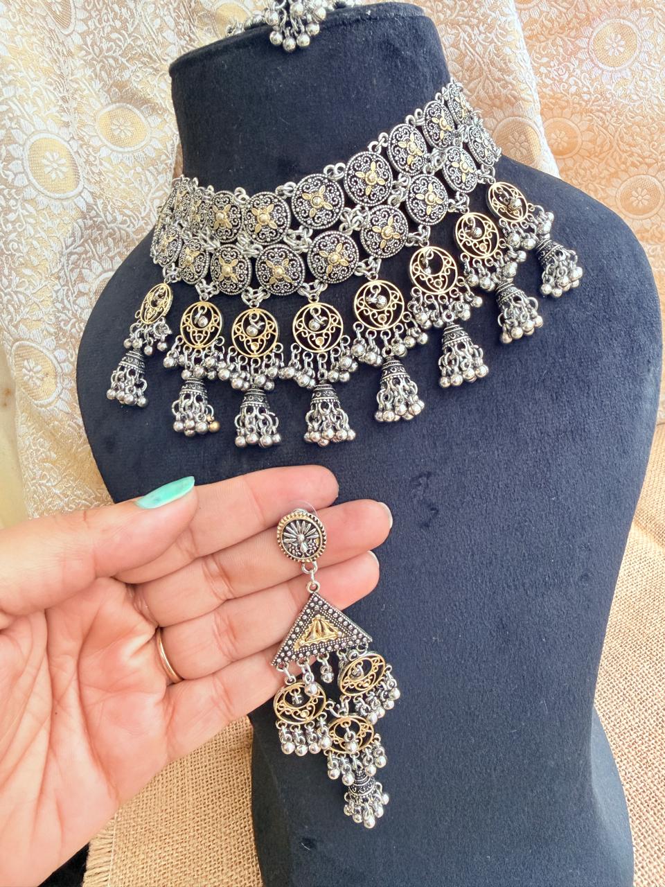 Afghani Boho Oxidised Chunky Bib Necklace with Jhumka Earrings