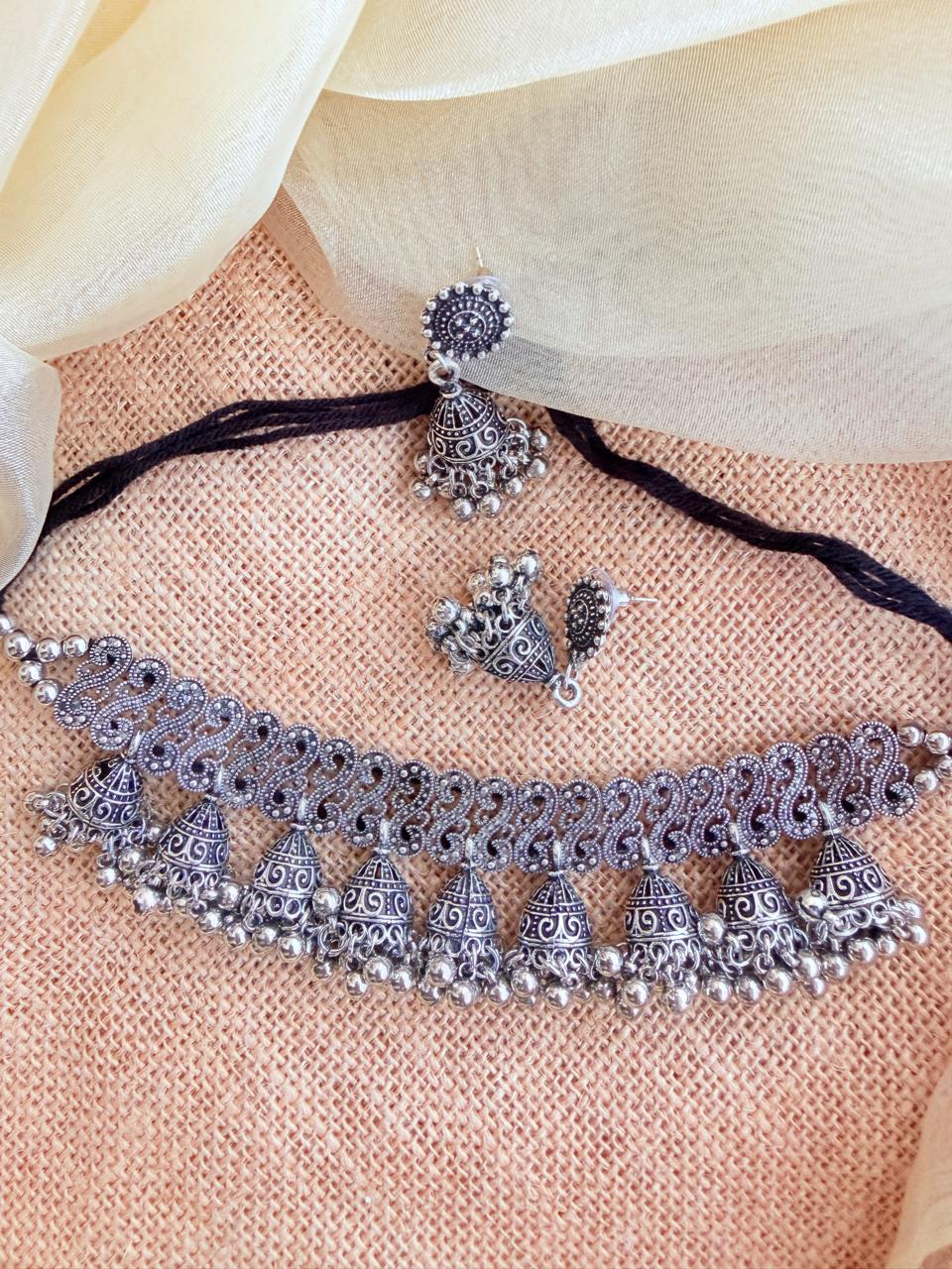 Antique Matte Gold Plated Temple Choker with Pearl Cluster Drops
