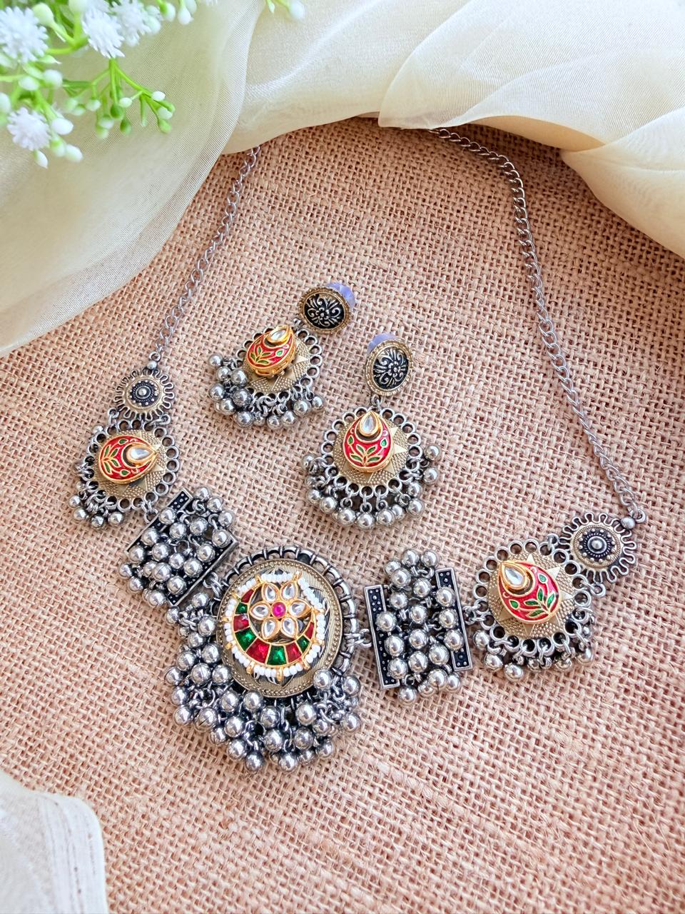 Oxidised Silver Sun Motif Collar Necklace with Dangle Earrings