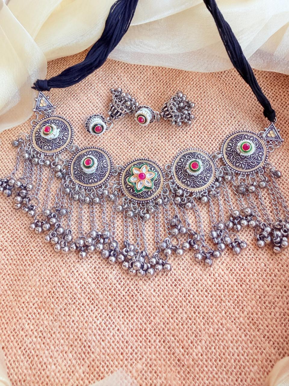 Traditional Dual-Tone German Silver Long Temple Haram Set