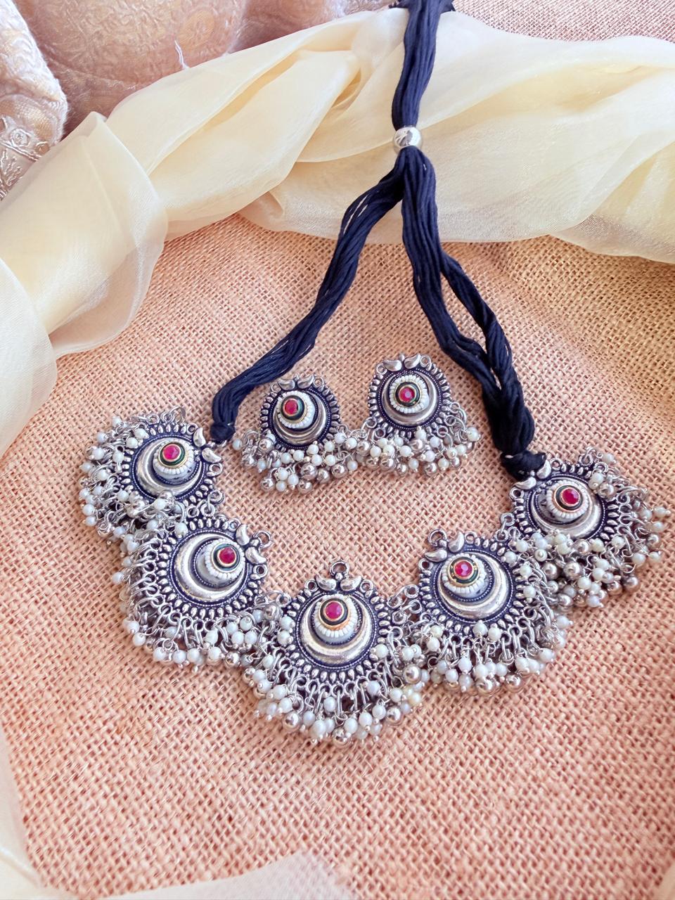 Kundan Studded Floral Filigree Choker Set with Drop Earrings