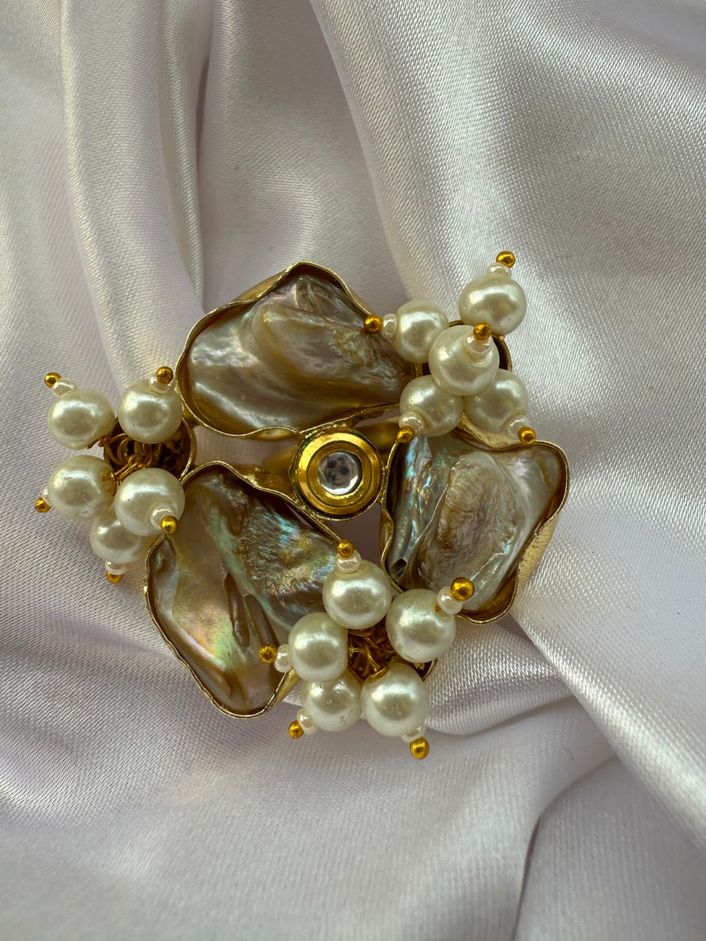 Abalone Shell / Baroque Pearl Floral Cocktail Ring