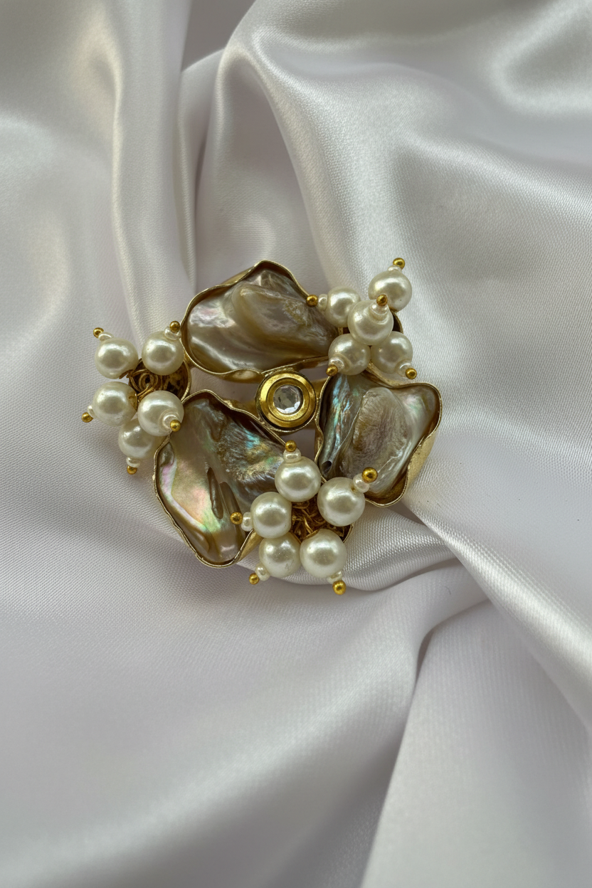 Abalone Shell / Baroque Pearl Floral Cocktail Ring