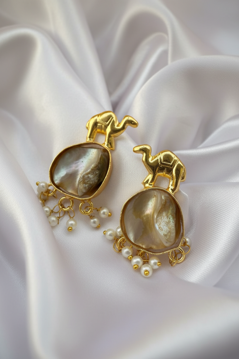 Camel Motif Pearl Hoop Earrings
