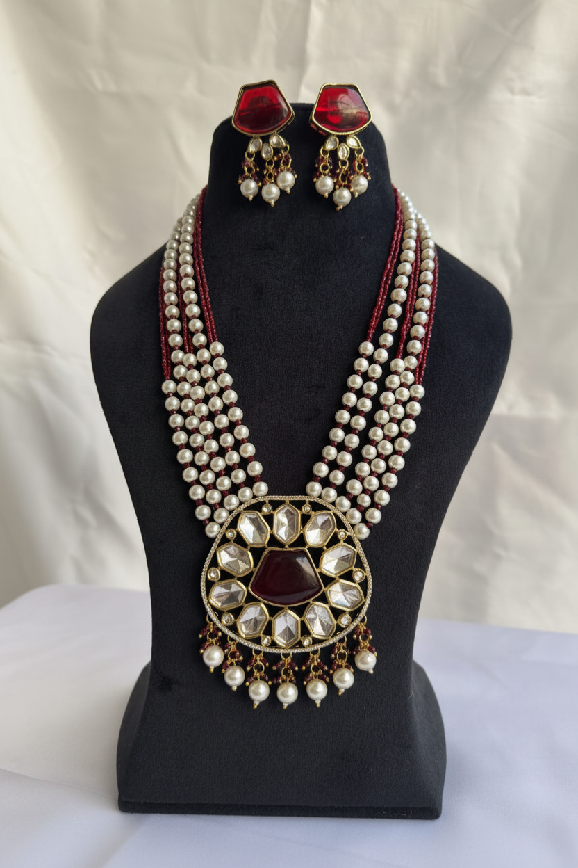Maroon Pearl Layered Necklace Set