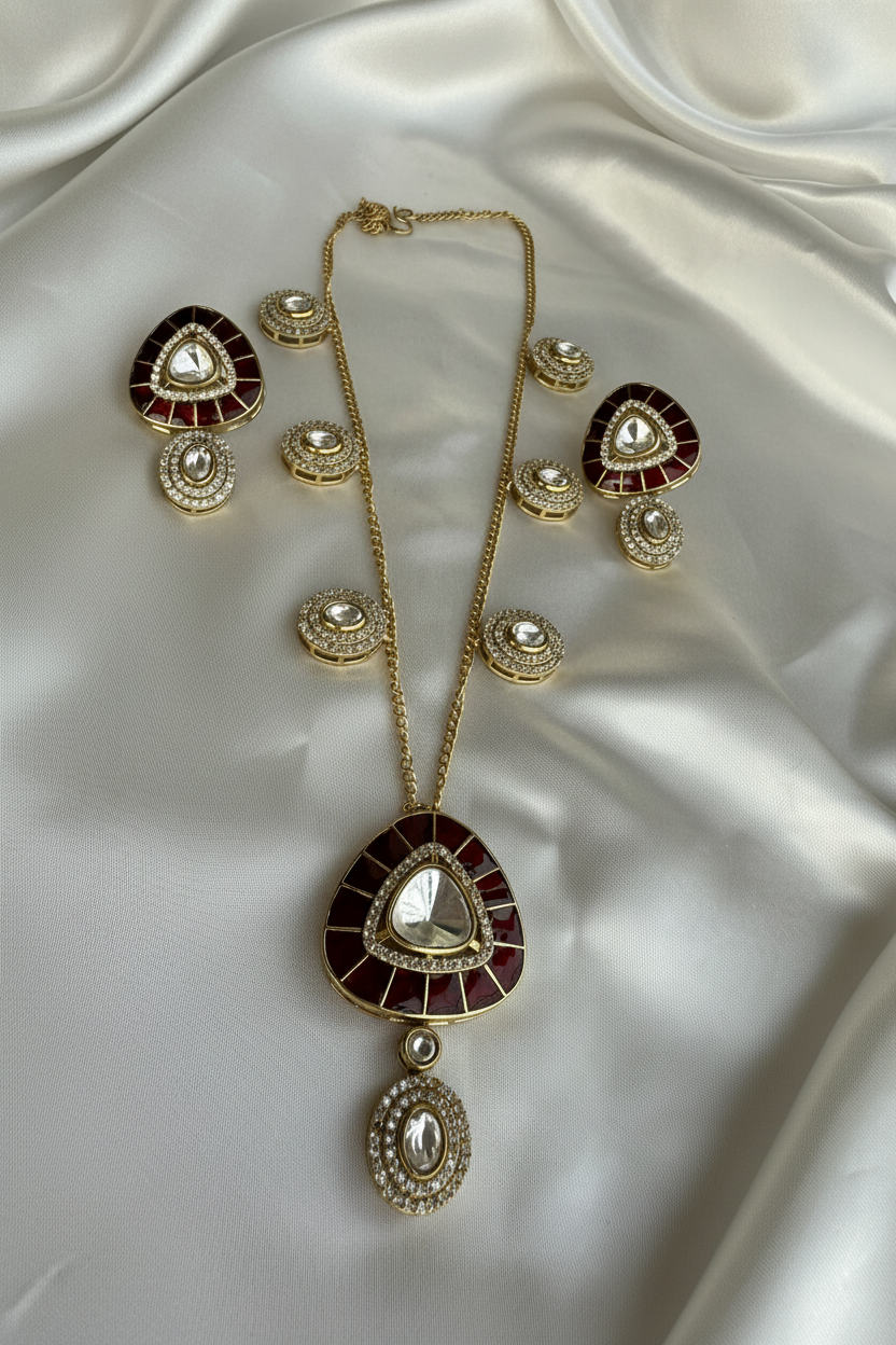 Maroon Teardrop Pendant Jewellery Set
